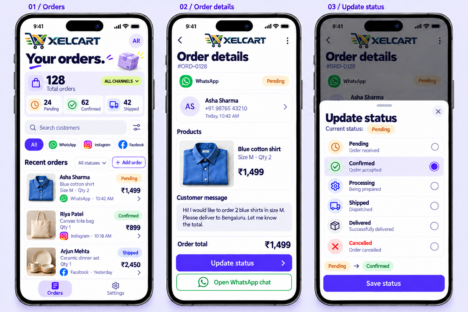 XelCart design concepts showing the order dashboard, order details and status update sheet